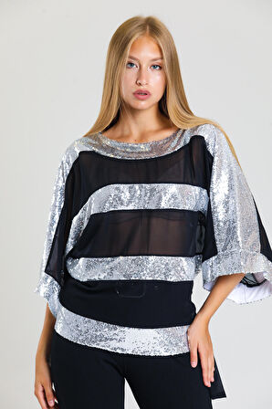 SENSE Payet Garnili Şifon Bluz | Blz32684 Grı