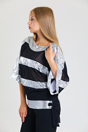 SENSE Payet Garnili Şifon Bluz | Blz32684 Grı