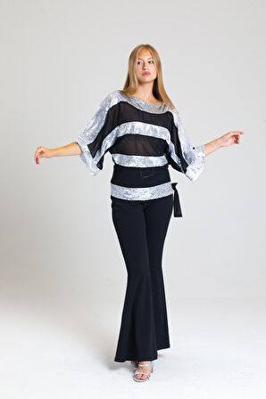 SENSE Payet Garnili Şifon Bluz | Blz32684 Grı