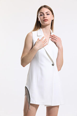 Zincir Detaylı İçi Astarlı Kolsuz Hürrem Ceket | Ckt34314 Beyaz