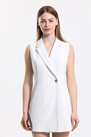 Zincir Detaylı İçi Astarlı Kolsuz Hürrem Ceket | Ckt34314 Beyaz