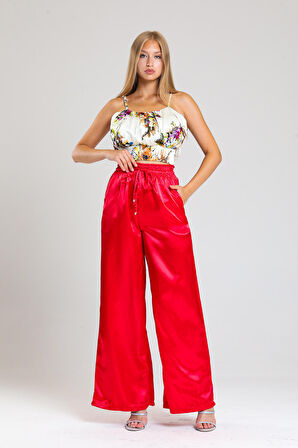 Gipe Detaylı  Cepli Bol Paça Saten Pantolon | Pnt34217 Kırmızı