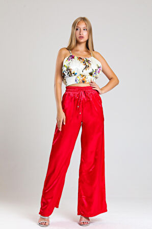 Gipe Detaylı  Cepli Bol Paça Saten Pantolon | Pnt34217 Kırmızı