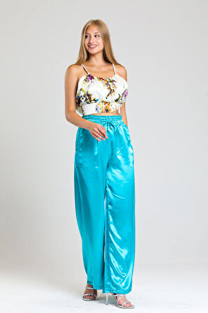 Gipe Detaylı  Cepli Bol Paça Saten Pantolon | Pnt34217 Yesıl