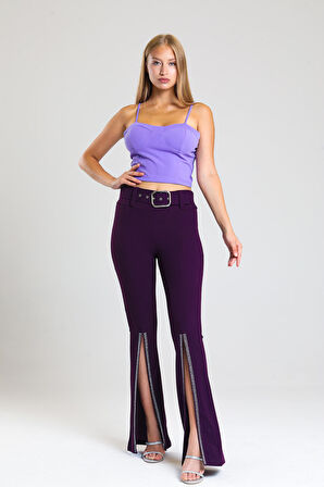 Beli Kemerli  Paçaları Taşlı Scuba Krep Abiye Pantolon | Pnt34185 Mor