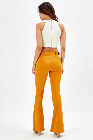 İspanyol Paça Kemerli Örme Kumaş Pantolon PNT32439 Safran