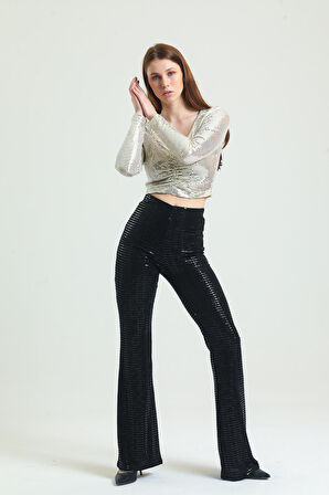 Uzun Kol Önü Lastik Büzgülü Buzi Payet Bluz Blz34189 Bej