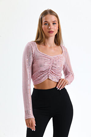Uzun Kol Önü Lastik Büzgülü Buzi Payet Bluz Blz34189 Pembe