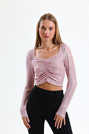 Uzun Kol Önü Lastik Büzgülü Buzi Payet Bluz Blz34189 Pembe