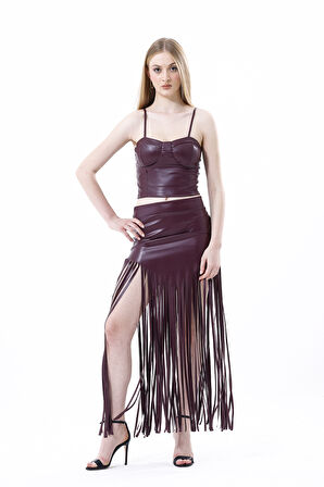 Püsküllü Deri Etek | Etk33848 Bordo