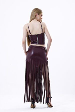 Püsküllü Deri Etek | Etk33848 Bordo