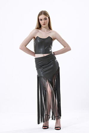 Püsküllü Deri Etek | Etk33848 Hakı