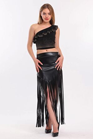 Sense Taba Püsküllü Deri Etek | Etk33848