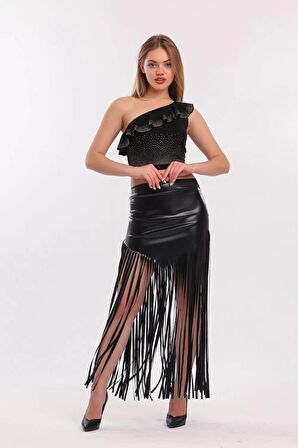 Sense Taba Püsküllü Deri Etek | Etk33848