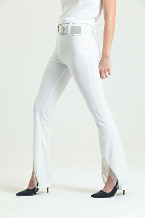 Beli Kemerli Sıralı Taş Zincir Detaylı  Scuba Krep Abiye Pantolon | Pnt34307 Beyaz