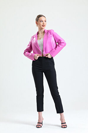 Astarlı  Suni Deri Kısa Ceket | Ckt34324 Fuşya