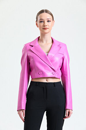 Astarlı  Suni Deri Kısa Ceket | Ckt34324 Fuşya