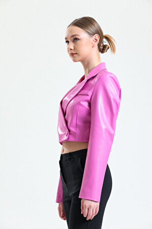 Astarlı  Suni Deri Kısa Ceket | Ckt34324 Fuşya