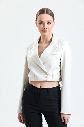 Astarlı  Suni Deri Kısa Ceket | Ckt34324 Krem