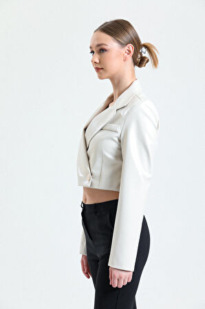 Astarlı  Suni Deri Kısa Ceket | Ckt34324 Krem