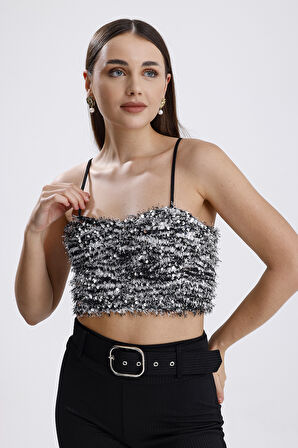 Arkası Fermuarlı Gloplu Askılı Sakallı Payet Bustiyer | BUST34594 Siyah Gri