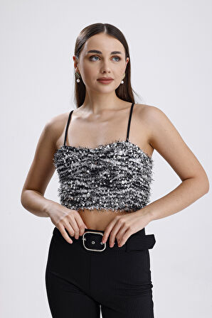 Arkası Fermuarlı Gloplu Askılı Sakallı Payet Bustiyer | BUST34594 Siyah Gri