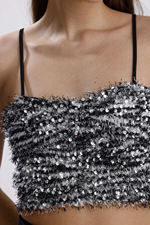 Arkası Fermuarlı Gloplu Askılı Sakallı Payet Bustiyer | BUST34594 Siyah Gri