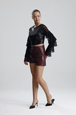 Suni Deri Yüksek Bel Şort | ŞRT34533 Bordo