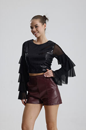 Suni Deri Yüksek Bel Şort | ŞRT34533 Bordo