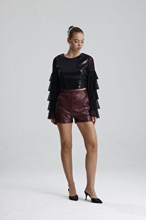 Suni Deri Yüksek Bel Şort | ŞRT34533 Bordo