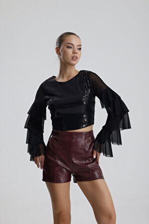 Suni Deri Yüksek Bel Şort | ŞRT34533 Bordo