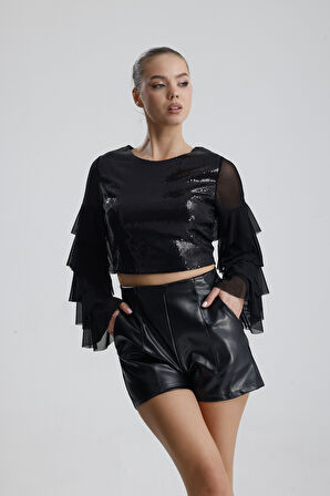 Suni Deri Yüksek Bel Şort | ŞRT34533 Siyah