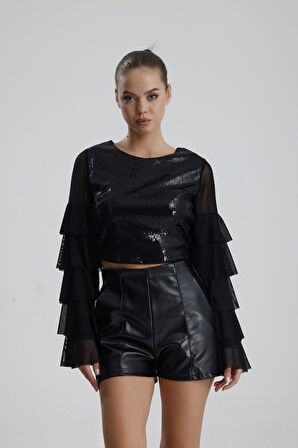 Suni Deri Yüksek Bel Şort | ŞRT34533 Siyah