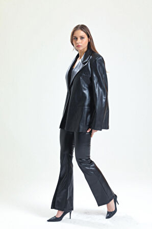 Kadın Suni Deri Büyük Beden Deri Ceket | Ckt33280 Siyah - Siyah