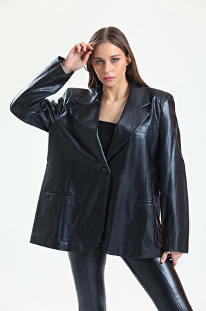 Kadın Suni Deri Büyük Beden Deri Ceket | Ckt33280 Siyah - Siyah