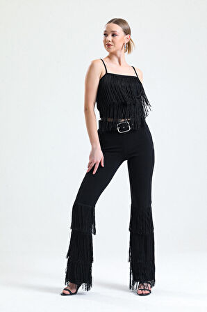 Kemerli Püskülü Detaylı Scuba Krep Pantolon | Pnt34791 Siyah