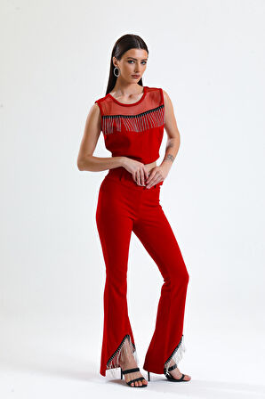Beli Kemerli Sıralı Taş Zincir Detaylı  Scuba Krep Abiye Pantolon | Pnt34307 Kırmızı