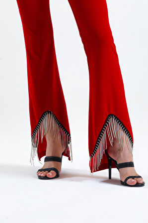 Beli Kemerli Sıralı Taş Zincir Detaylı  Scuba Krep Abiye Pantolon | Pnt34307 Kırmızı