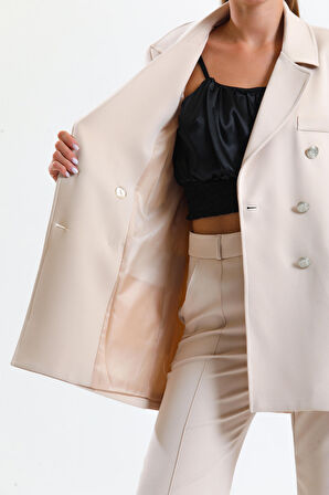 İçi Astarlı  Hürrem Kumaş Oversize Blazer Ceket | Ckt34236 Taş