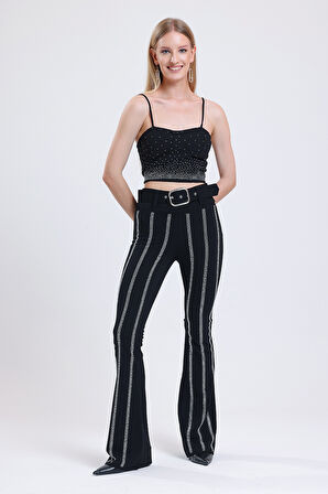 İspanyol Paça Kemerli Taş Detaylı Abiye Pantolon PNT34898 Siyah