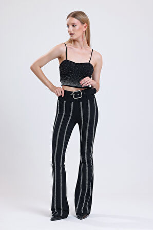 İspanyol Paça Kemerli Taş Detaylı Abiye Pantolon PNT34898 Siyah