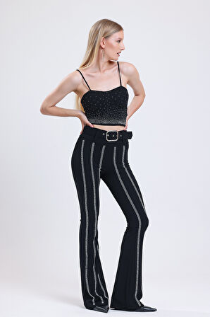 İspanyol Paça Kemerli Taş Detaylı Abiye Pantolon PNT34898 Siyah