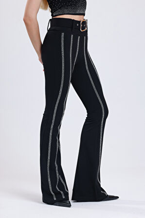 İspanyol Paça Kemerli Taş Detaylı Abiye Pantolon PNT34898 Siyah