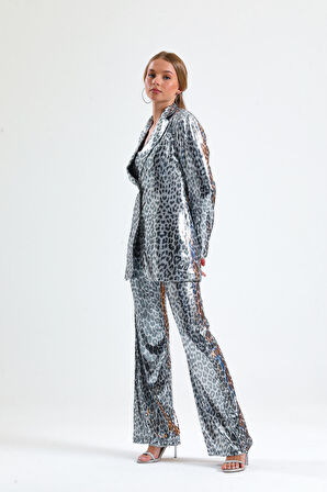 İci Astarlı Leopar Desenli Abiye Pul payet Ceket | CKT34264 Siyah Beyaz Leopar