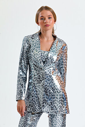 İci Astarlı Leopar Desenli Abiye Pul payet Ceket | CKT34264 Siyah Beyaz Leopar