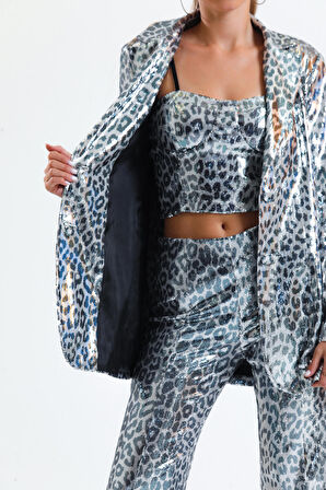 İci Astarlı Leopar Desenli Abiye Pul payet Ceket | CKT34264 Siyah Beyaz Leopar