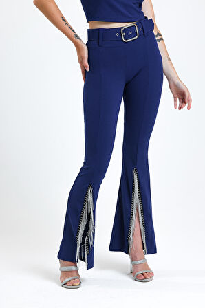 Kemerli Paça Volanlı Pike Çelik  Pantolon | Pnt32698 Saks