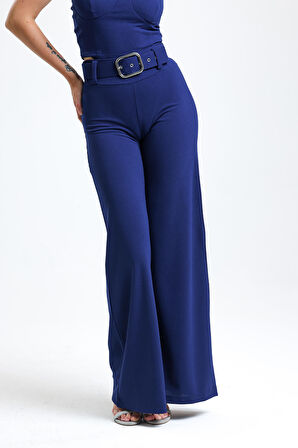 Yanları Kumaş Kaplama Kemerli İspanyol Paça Scuba Krep Pantolon | PNT33393 Saks