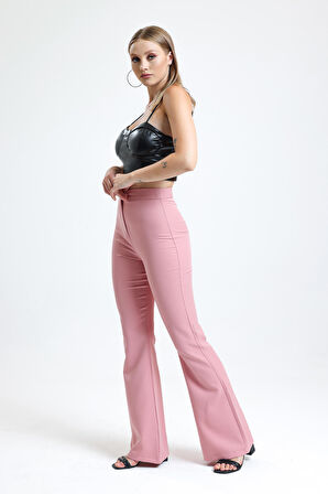 İspanyol Paça Fermuarlı  Cepli Hürrem Pantolon | Pnt35010 Pudra