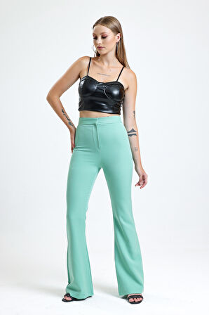 İspanyol Paça Fermuarlı  Cepli Hürrem Pantolon | Pnt35010 Su Yeşili